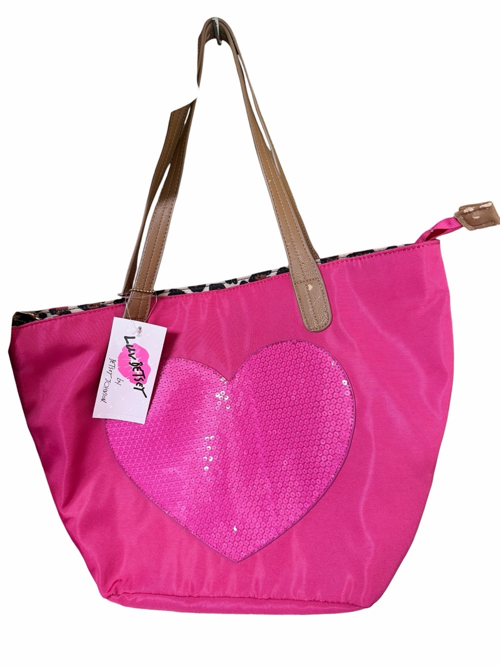 Betsey Johnson Hot Pink Sequin Heart Tote with Tan Straps